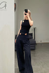 mame kurogouchi viscose hemp high waist pants MM22SS PT036 navy blue